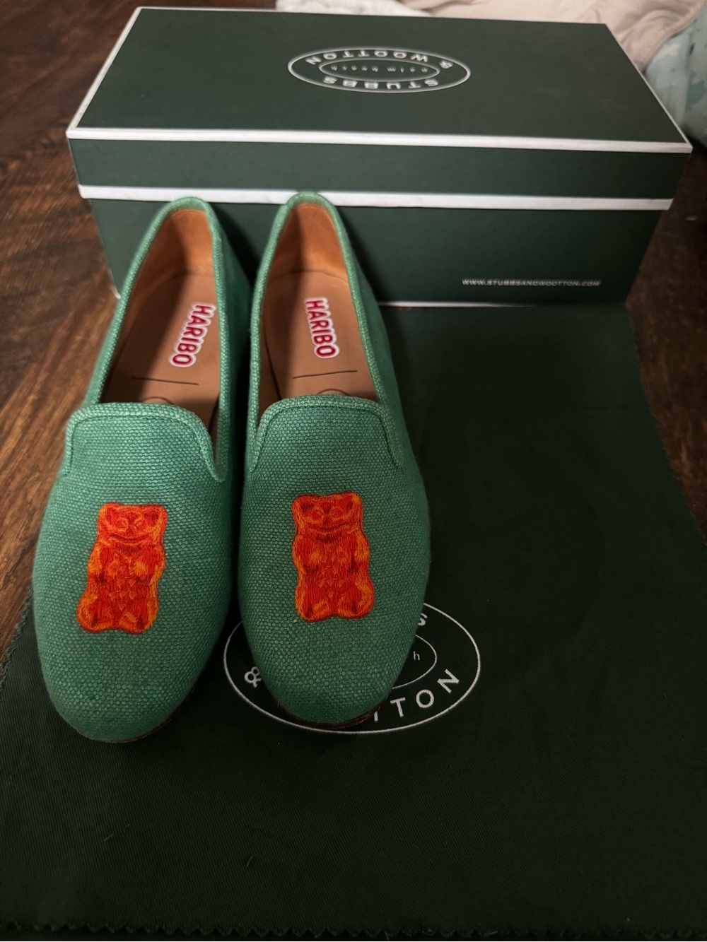 Stubbs & Wootton Green Canvas Loafers with Orange Gummy Bear Embroidery
